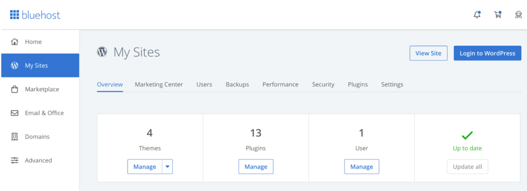 Bluehost Review - Dashboard My Sites