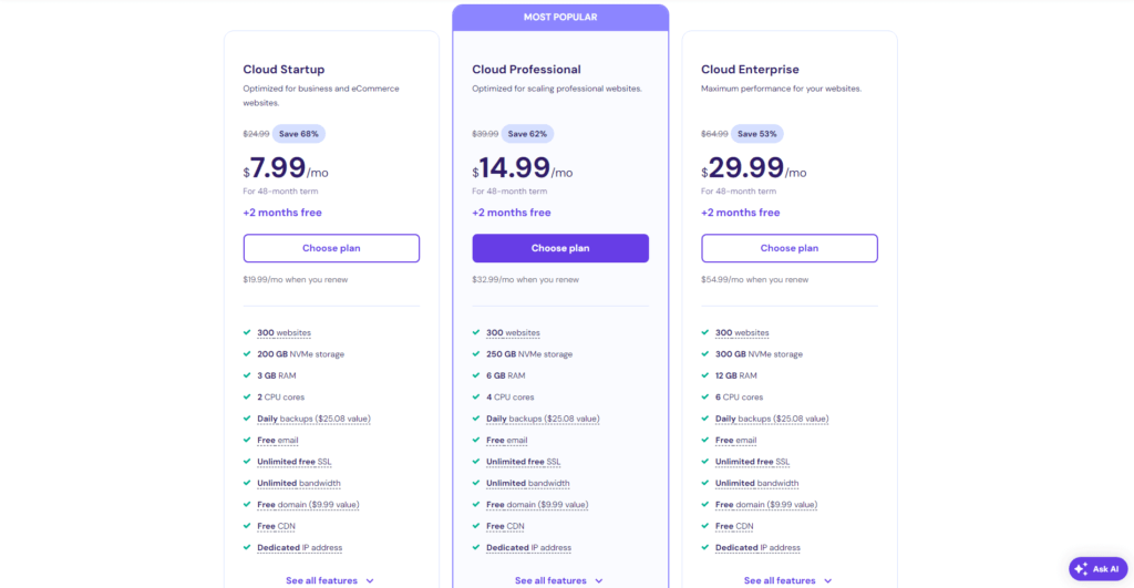 Hostinger Cloud Hosting Plans