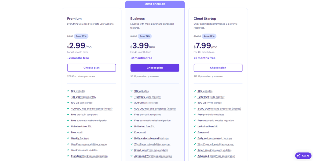 Hostinger Shared Web Hosting Plans