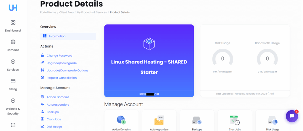 UltaHost Review Account Dashboard