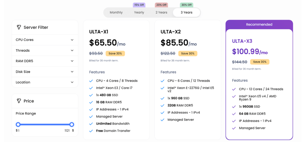 UltaHost Review Dedicated Server Plans